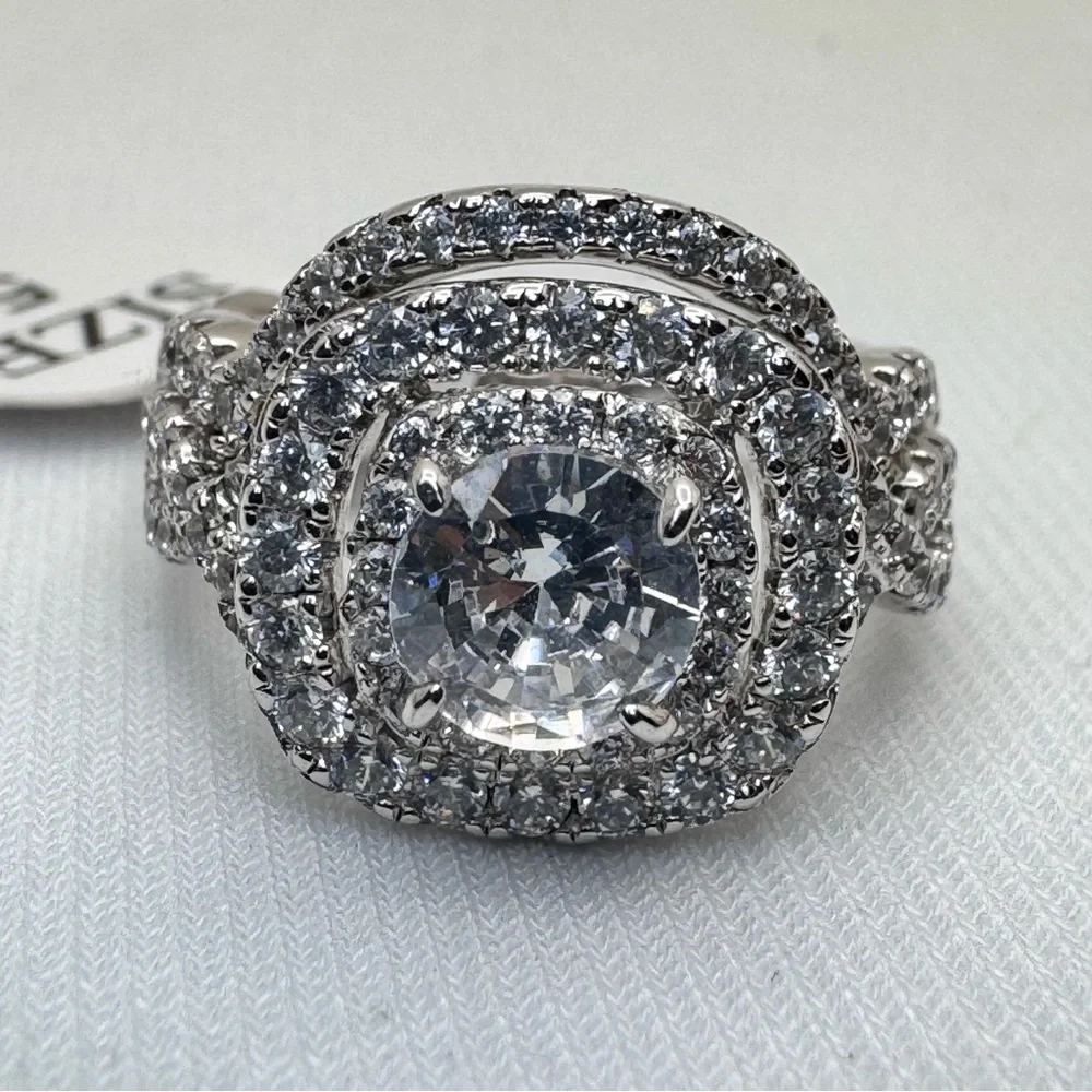 925 Sterling Silver Diamond Engagement Bridal Wedding 2 Band Ring Set Sz 5‎